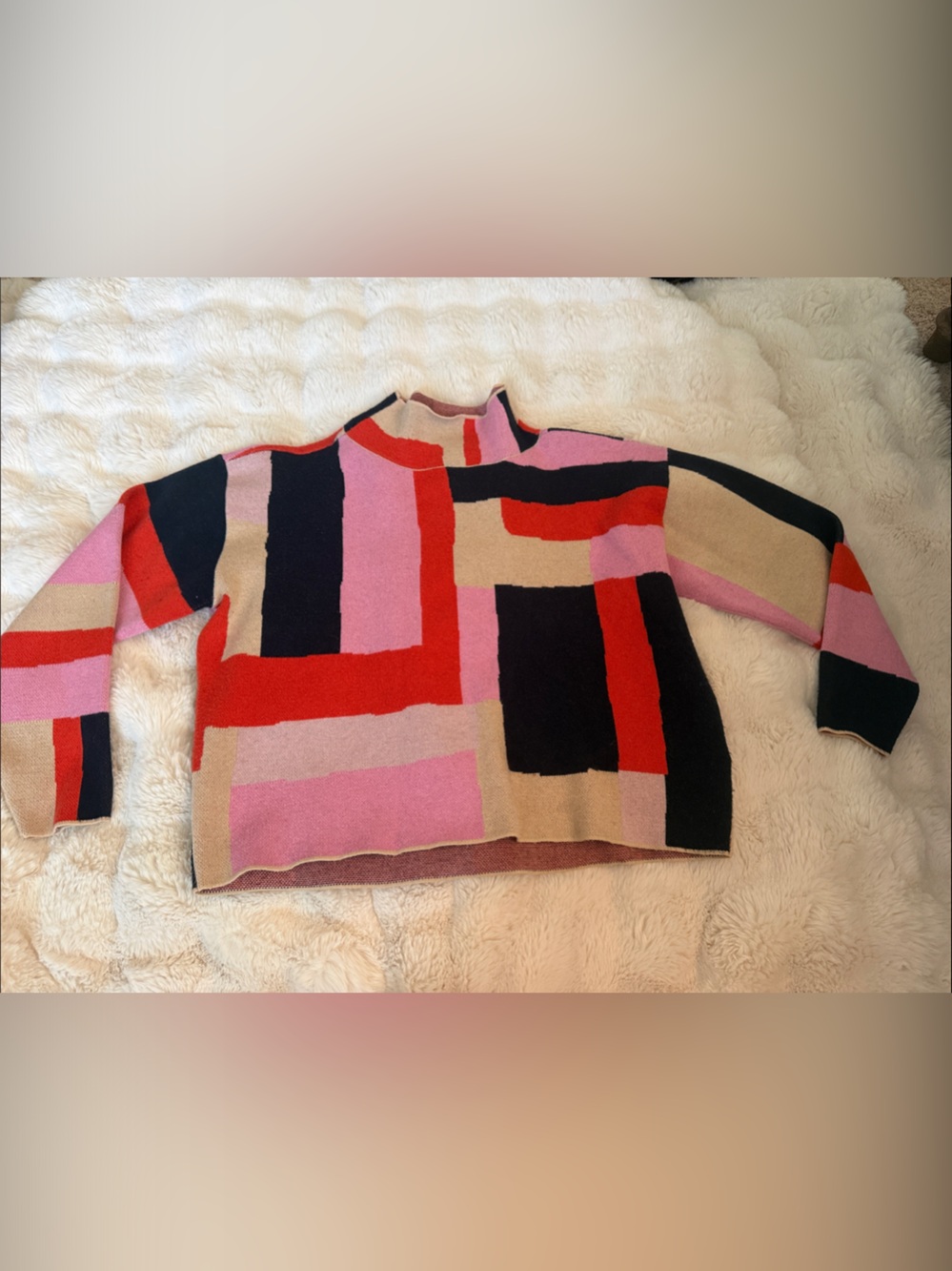 Anthropologie Geometric Colorblock Turtleneck Sweater - Pink, Red, Black, Tan